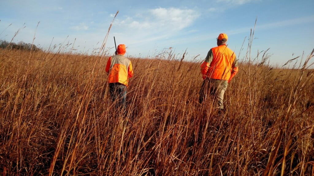 Two hunters in meadow